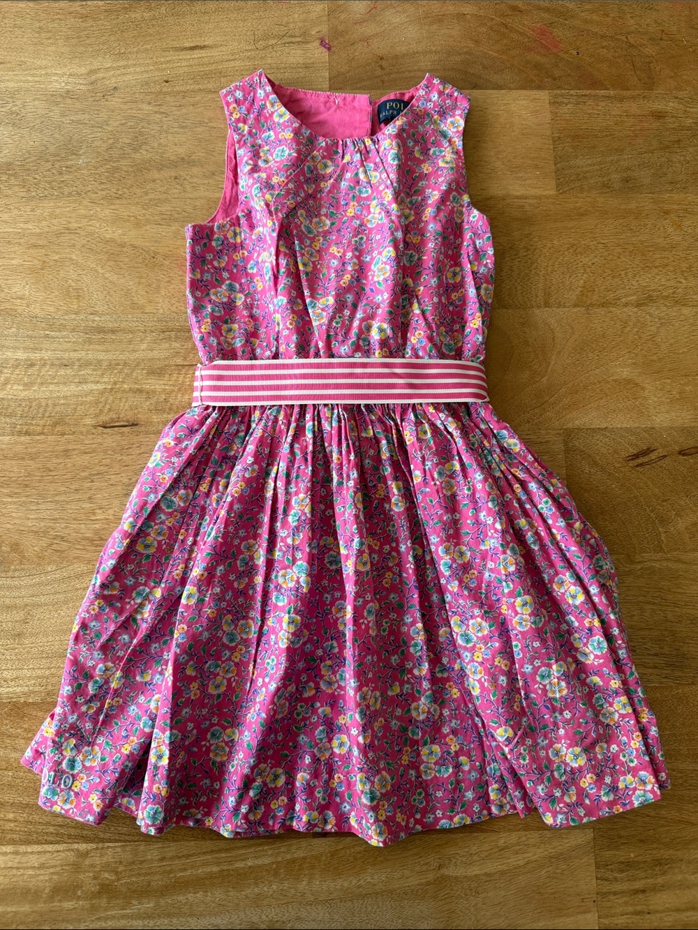 Ralph Lauren Pink Floral Sleeveless Dress with Striped Waistband